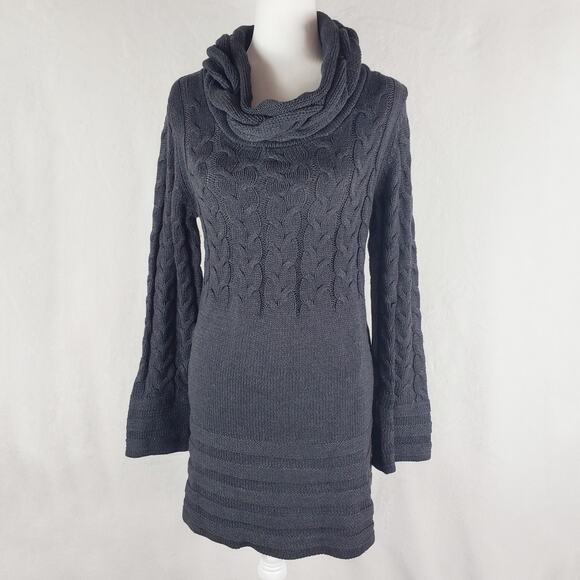 Chelsea & Theodore Sweater Dress Women L Grey Cable Knit Bell Sleeve Roll Neck - Picture 1 of 6